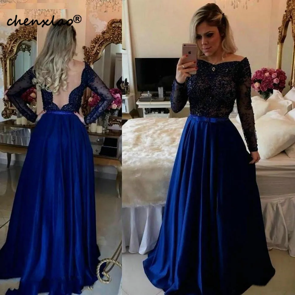 Изящные королевские синие вечерние платья трапециевидной формы с длинными рукавами, изящные вечерние кружевные платья с аппликацией, индивидуальное женское вечернее платье