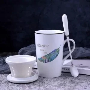Креативная керамическая чашка большая емкость чашка для воды кружка пара простая чашка для молока с крышкой с ложкой офисная чашка одна чашка кофейные кружки - Цвет: 400ML set