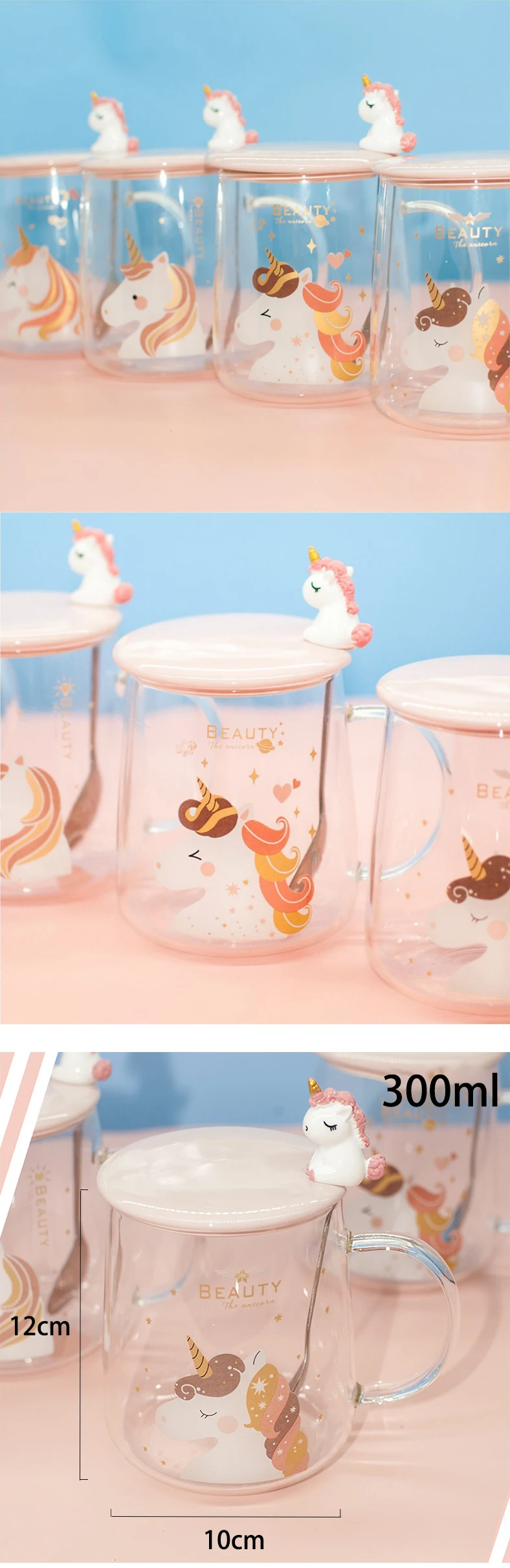 Cute unicorn transparent glass cup with lid spoon