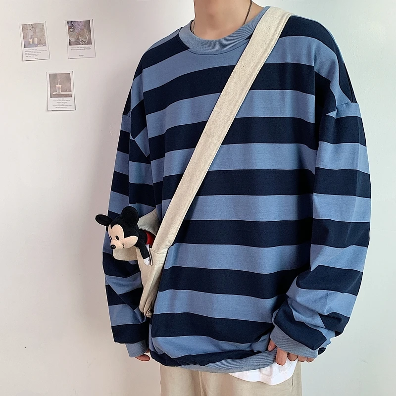 deep Blue Men's 13 Color Full High-quality Coats Stripe Printing Hoodies Mens Cotton Clothes Pullover Casual Loose Sweatshirts Size M-5XL - Color: deep Blue
