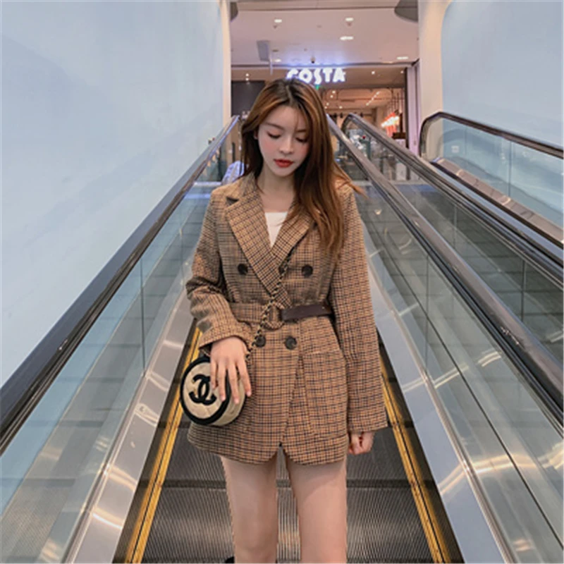 

Plus Size Fashion Vintage Plaid Blazer Women Chic Double Breasted Long Sleeve Belted Blaser Jacket With Pockets Temperament Coat