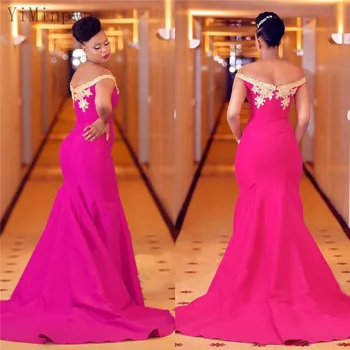 

YiMinpwp Fuchsia Mermaid Evening Gown Off Shoulder Sweep Train Appliques Long Formal Women Prom Dress Celebrity Dresses