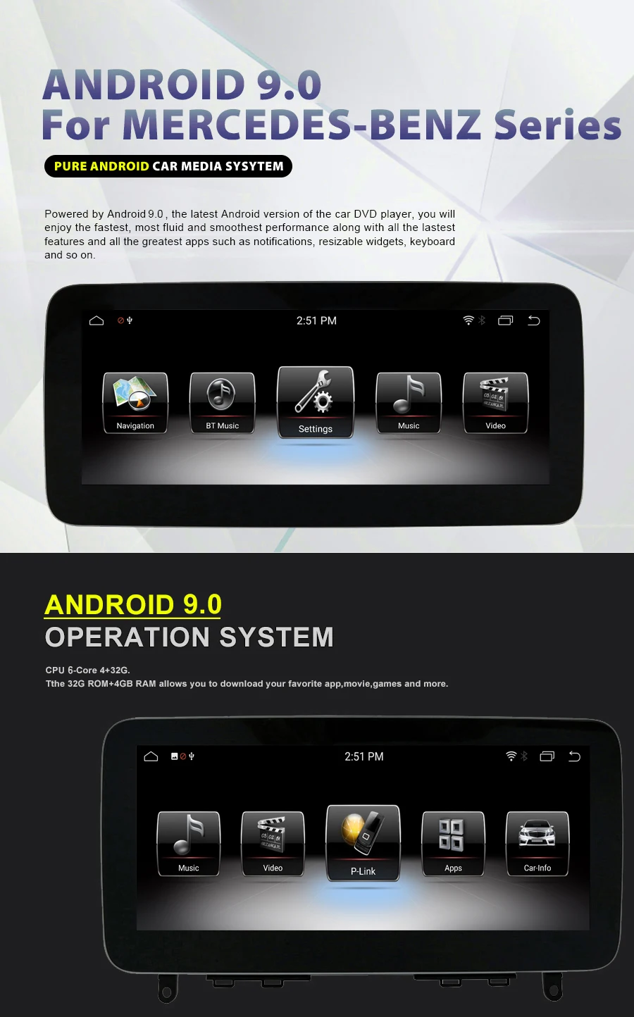 Flash Deal AVGOTOP Big screen Android 7.1/Android 9.0 GPS Car Radio DVD Player for MERCEDES-BENZ C-class W204/S204 2014-2017 (NTG5.0) 32