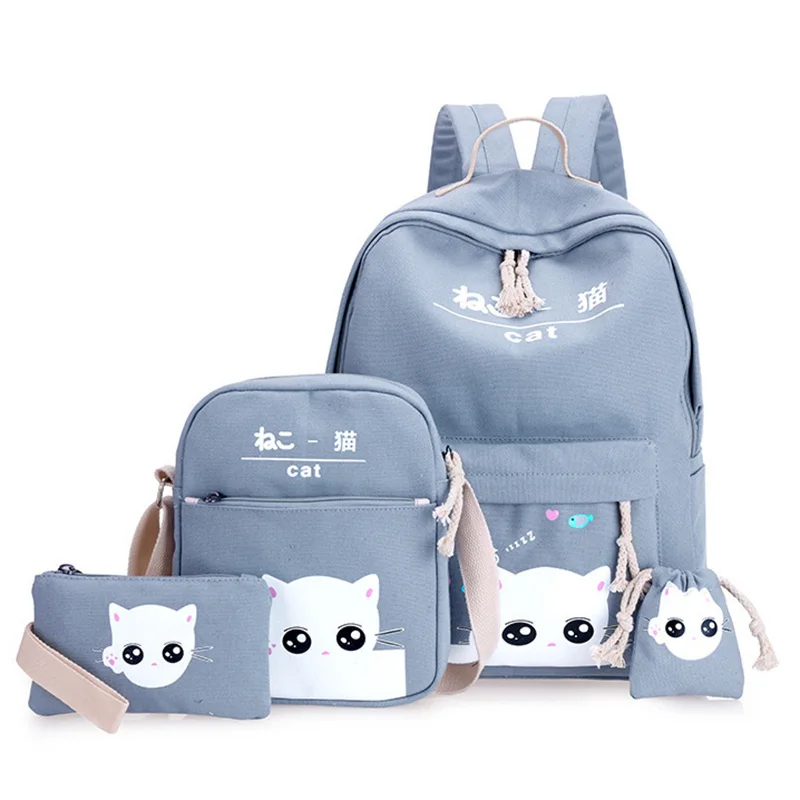 4 шт./компл. ноутбука школьный рюкзак для девочек и мальчиков подростков женский рюкзак сумка милый кот холст сумки из натуральной кожи ребенка - Цвет: Gray