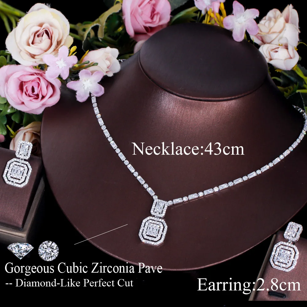 ThreeGraces Geometric Square Earrings Necklace Shiny Cubic Zirconia Crystal Fashion Jewelry Set for Women Party Gift TZ651 jewelry sets jewelry set