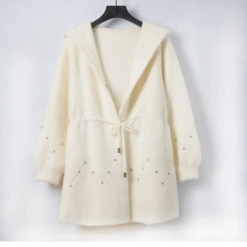 beige Новинка, осенне-зимнее женское плотное теплое шерстяное пальто на шнуровке с капюшоном и бисером, женское повседневное свободное одноцветное шерстяное пальто, куртка K96 - Цвет: beige