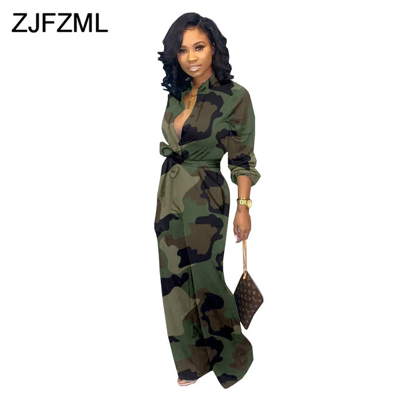 

Sexy Camouflage Button Wide Leg Jumpsuits Women Long Sleeve High Waist Belt Causal Romper Fall Winter Pockets Loose Playsuit