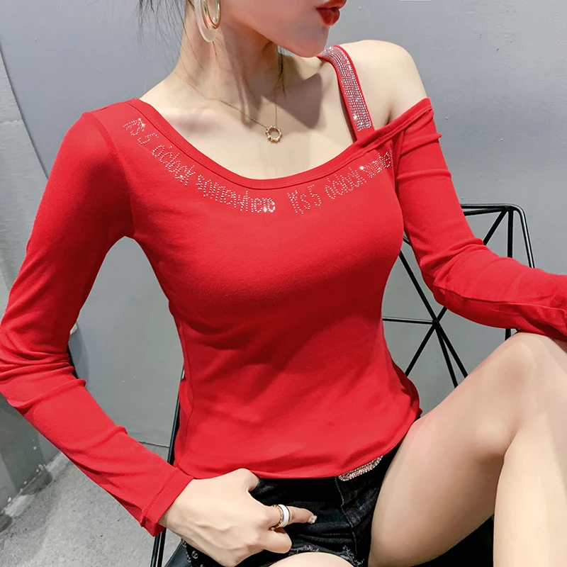 2020 Autumn New women tops Fashion long sleeve sexy off the shoulder women t-shirt hot drilling Elegant slim women clothing 2020 Autumn New women tops Fashion long sleeve sexy off the shoulder women t-shirt hot drilling Elegant slim women clothing