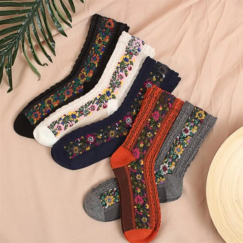 5 пар, Женские винтажные носки с принтом, утолщенные чулки, женские теплые носки с защитой от холода, женские носки средней длины на осень и зиму