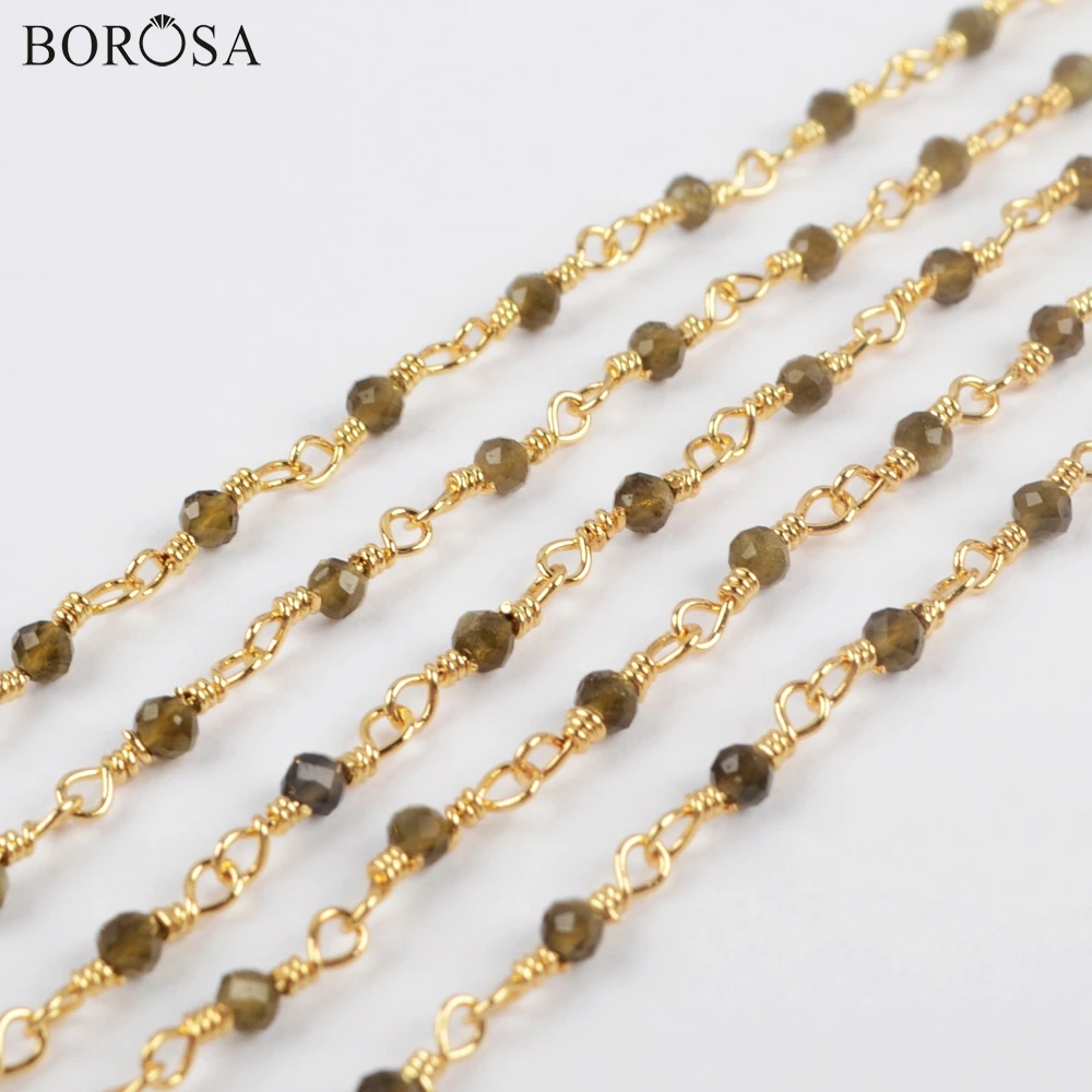 

BOROSA 3Meters Gold/Silver Plated 2mm Golden Obsidian Beads Faceted Chains Natural Stone Bead Chains Brass Chains Jewelry JT240