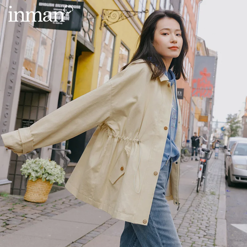 

INMAN 2020 Spring New Arrival Literary Lapel Drawstring Waist Single-breasted Long Lleeve Wind Coat