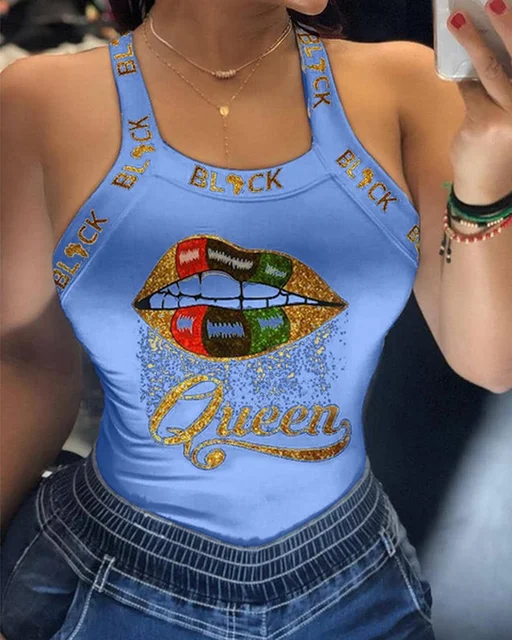 Summer Ladies Harajuku Shirts Slim Fit Polyester Sleeveless Top Tshirts Tank Tops Women U Neck Letter Print Lips Vest D6H283BL