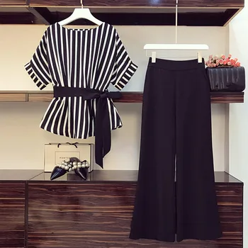 

plus size Office Ladies Summer 2 Piece Set Women Chiffon Batwing Sleeve Striped Belt Loose Tops + Wide Leg Pants Suit women set