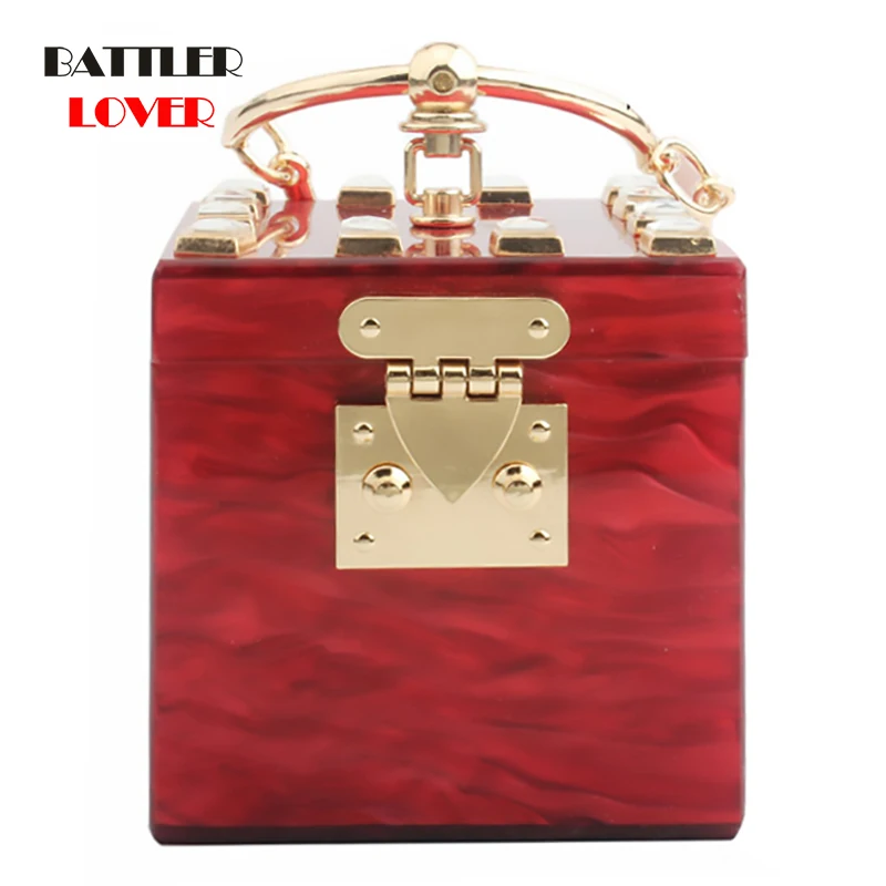 Square Shape Women Acrylic Clutch Evening Bag for Female Metal Wristlets Wedding Party Prom Mini Handbag Purse