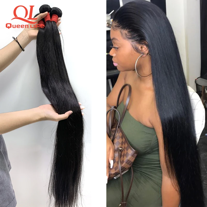 Queenlife 28 30 32 34 36 38 40 pulgada cabello liso mechones de cabello peruano mechones Remy armadura del pelo humano pelo sedoso 1/3/4 piezas