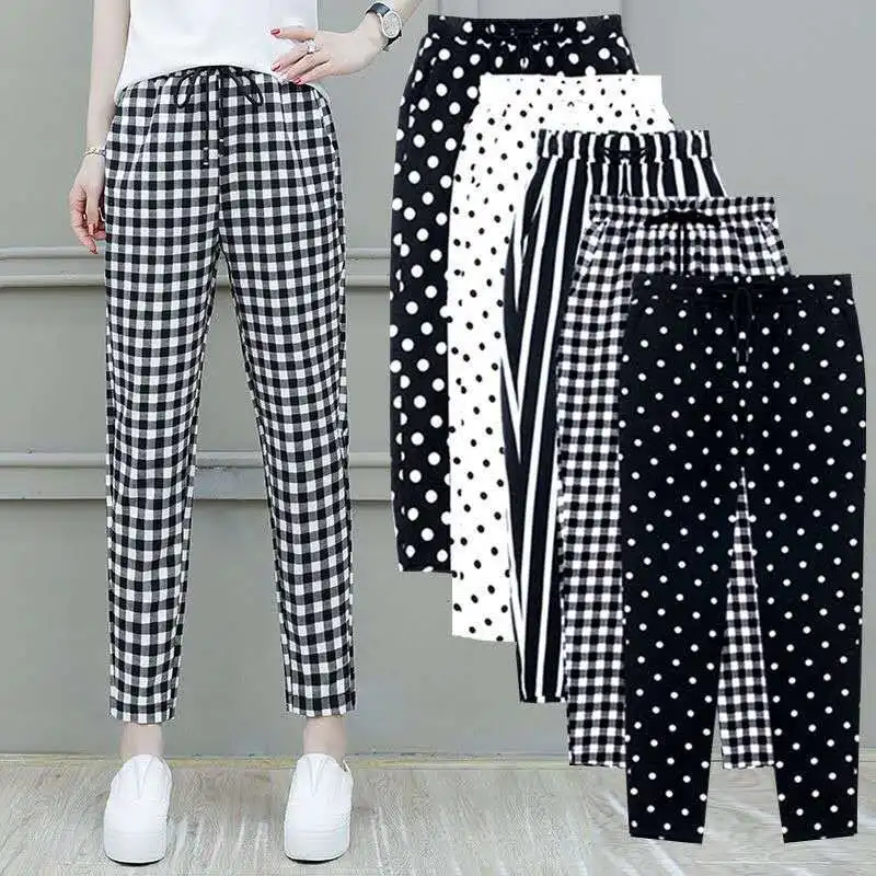 2020 Summer New Women Trousers Plus Size 4XL Female Capris Plaid Ankle-Length Pants Casual Dot Pants Drawstring Striped Pant G 2020 Summer New Women Trousers Plus Size 4XL Female Capris Plaid Ankle-Length Pants Casual Dot Pants Drawstring Striped Pant G
