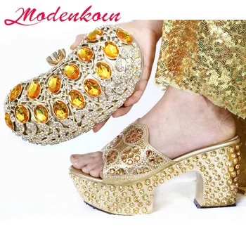 

New Italian Shoes with Matching Bags Matching Super High (8cm-up) Shoes Woman High Heel Buckle Strap Elegant With Gold Crystal