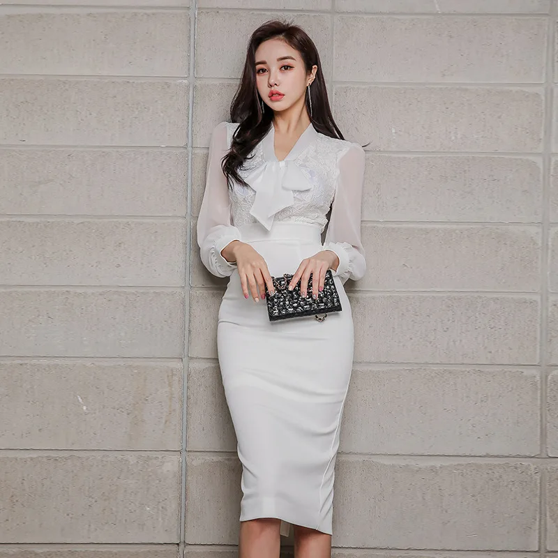 

Long Sleeve Mesh Patchwork Midi Bodycon Dress Autumn 2019 Elegant White Pencil Dress Women Office Work Ladies Dress Vestidos