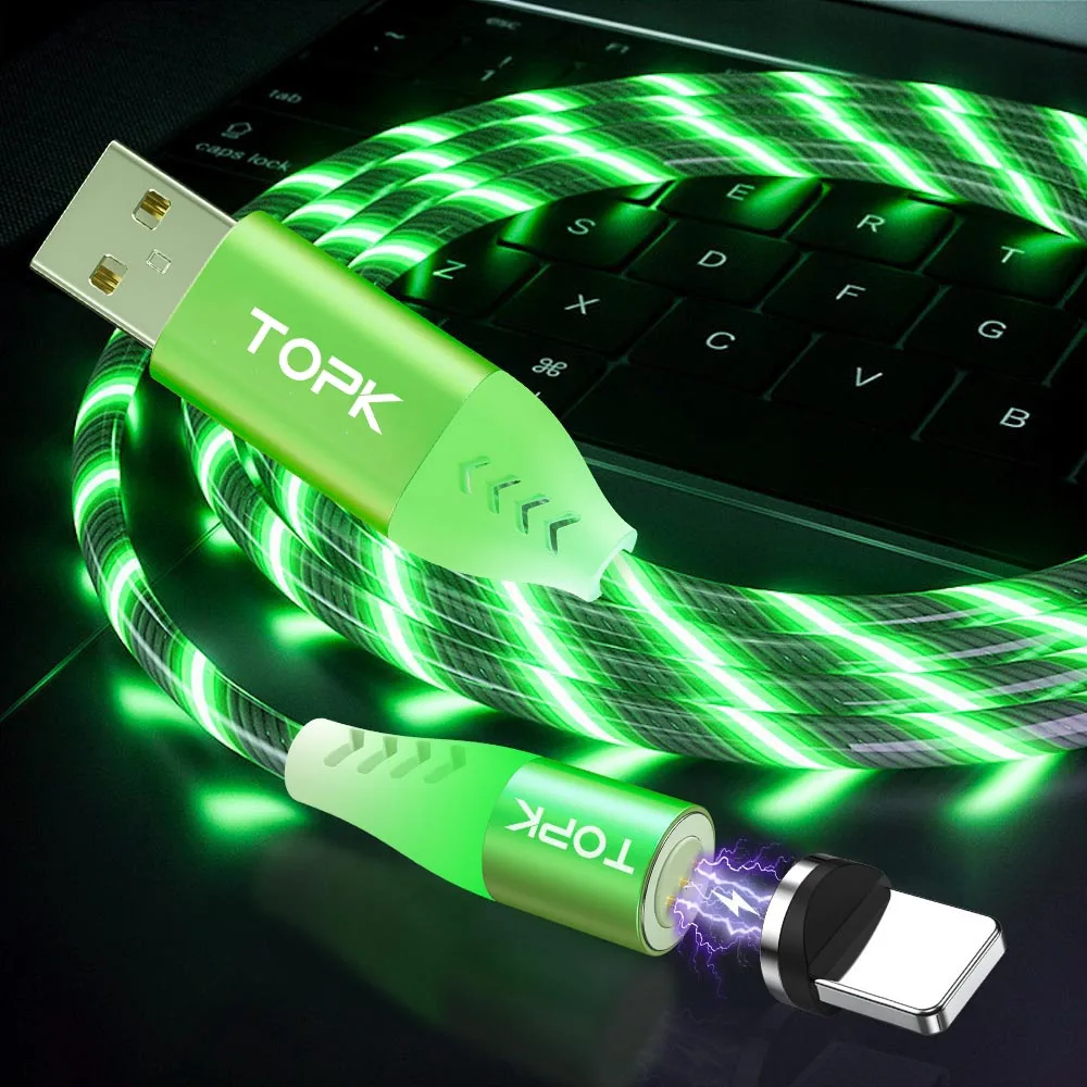TOPK 3A течёт светильник светодиодный магнитный кабель Micro usb type C кабель передачи данных для быстрой зарядки для iPhone samsung USB-C Кабели для телефонов - Цвет: Green