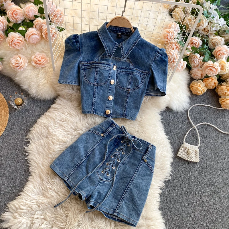 Fashion Lapel Scheming Hollow Short Sleeve Denim suit two piece Top Female High Waist Lace Hot Pants Two-piece Se |