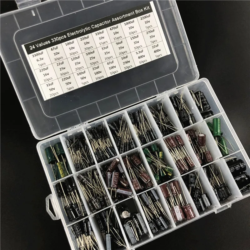 Ceny 24 wartości 330 sztuk 6.3 10 V 16 V 25 V 35 50 V 100 V 250 V 400 V (3.3uF ~ 2200 uF) wymieszaj zestaw mieszanych kondensatorów elektrolitycznych ze schowkiem