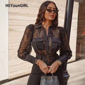 

HEYounGIRL Patchwork Lace Transparent Tee Shirt Women See Through Sexy Woman Tshirt Tops Long Sleeve Black T-shirt Ladies Autumn
