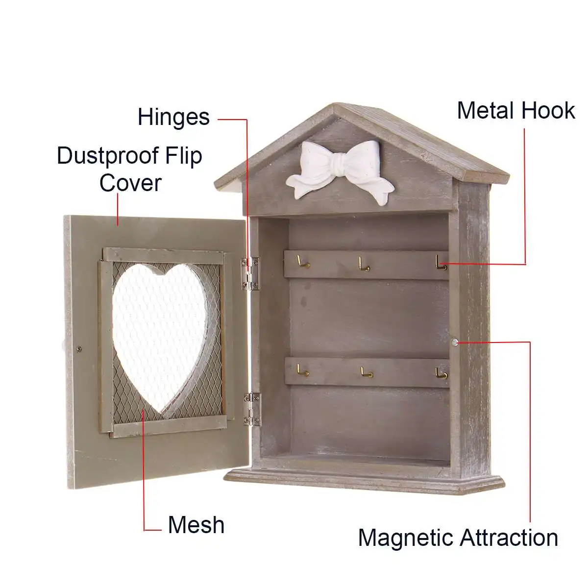 Деревянный шкаф для хранения ключей коробка-ключница с 6 подвесными крючками винтажный европейский стиль в форме сердца сетка внешний дизайн