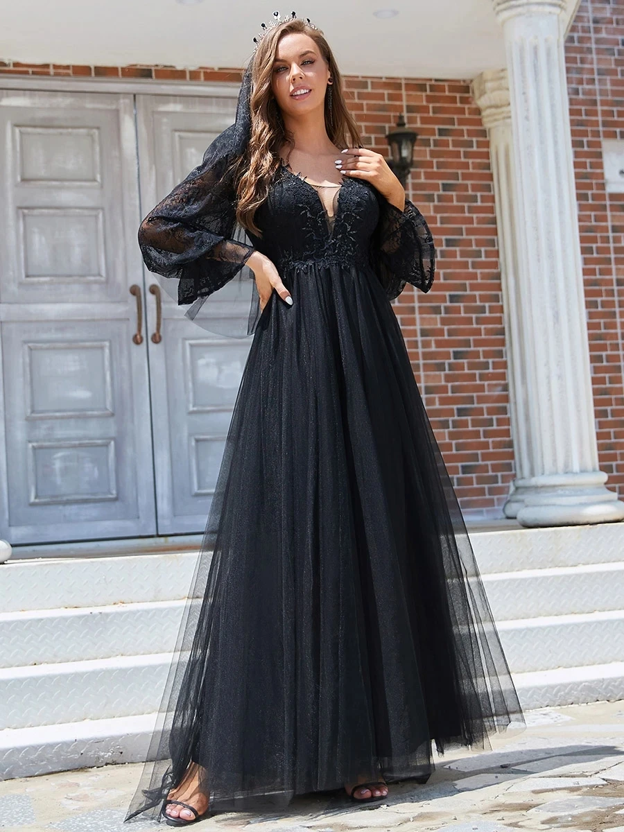 long formal dresses Elegant Bridesmaid Dress Floor Length Lace V-Neck A Line Long Puff Sleeves Ever Pretty 2022 Wedding Dresses Vestidos De Gala long sleeve formal dresses