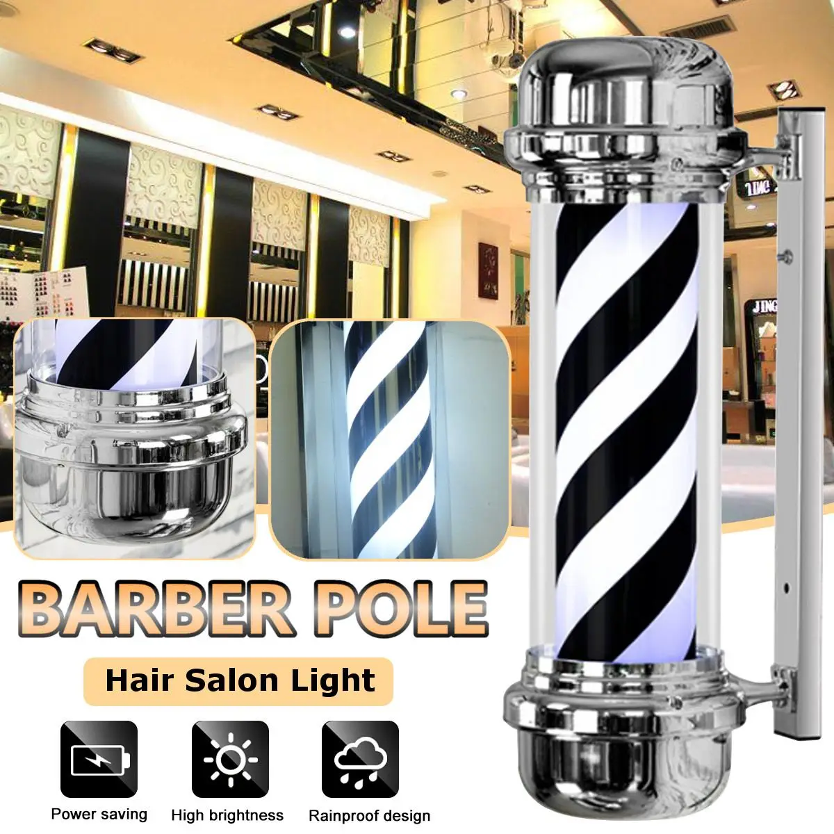 

60/70cm Barber Shop Pole Rotating Lighting Black White Stripe Rotating Light Stripes Sign Hair Wall Hanging Advertising Lights