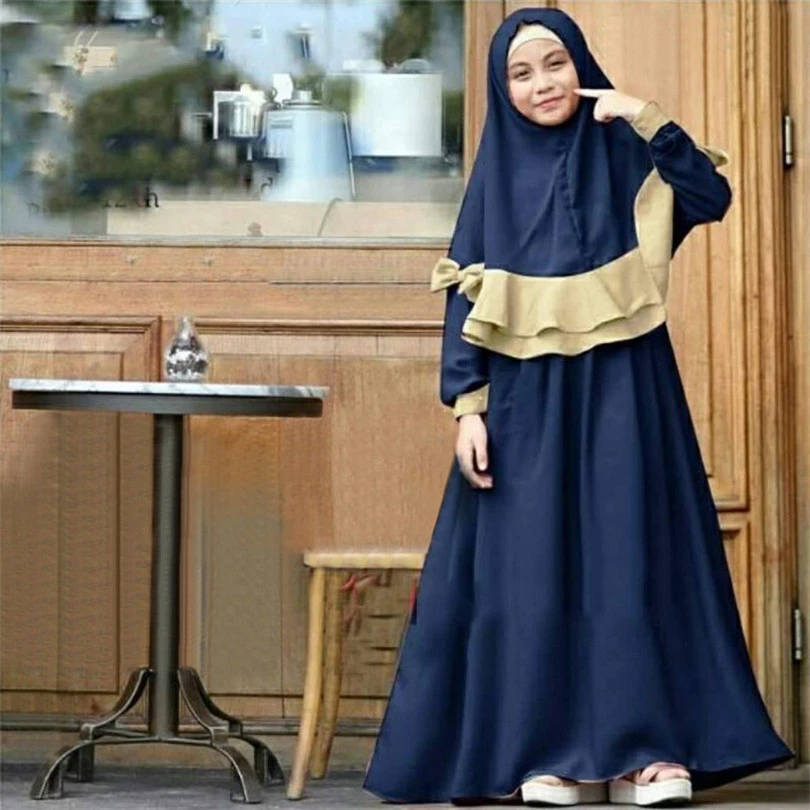 Islamic Kids Girl Prayer Abaya Muslim Kaftan Hijab Long Maxi Dress Set Arab Robe