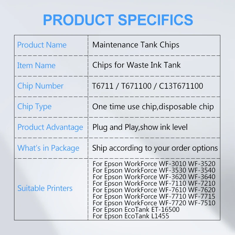 T671100 T6711 Maintenance Tank Chip For Epson L1455 WF-7110 WF-7610 WF-7620 WF-7710 WF-7715 WF-7720 WF-3010 WF-3520 WF-3620 Chip