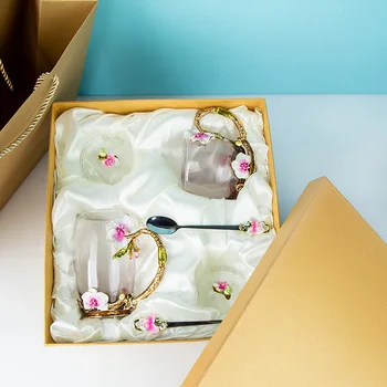 

350ml Exquisite and Practical Household Enamel Cup Set Crystal Glass with Lid Office Creative European Style Enamel Cup