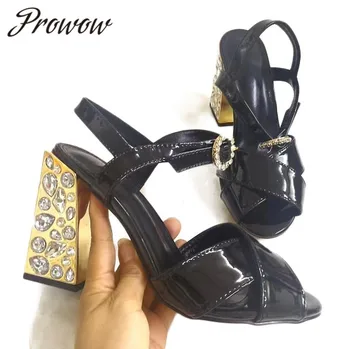

Prowow New Black Patnet Leather Open Toe Ankle Strap Summer Sandals Thick Heel Crystal High Heel Party Sandals Shoes Women