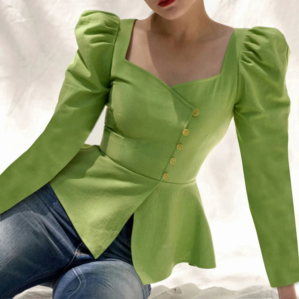 

2019 Fall Arrival Vintage Solid Green Woman Shirts Square Collar Long Sleeve Single Breasted Button Pleated Irregular Tops