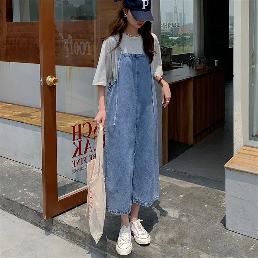 Irregular Slit Denim Strap Dress For Women Vintage Loose Long Sundress  Female Spring Summer All-Match Jean Dresses