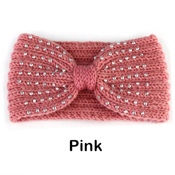 Pink Зимние Стразы, блестки, повязка на голову для женщин, трикотажный подогреватель чалма, закрывающая уши, головной убор, Панк шерсть, вязанные крючком повязки на голову, аксессуары для волос - Цвет: Pink