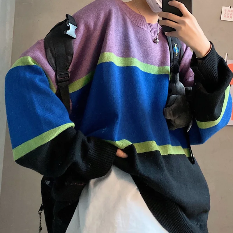 Winter Sweater Men's Warm Fashion Contrast Color Casual Knit Sweater Man Sweter Clothes Wild Loose Long-sleeved Pullover Men