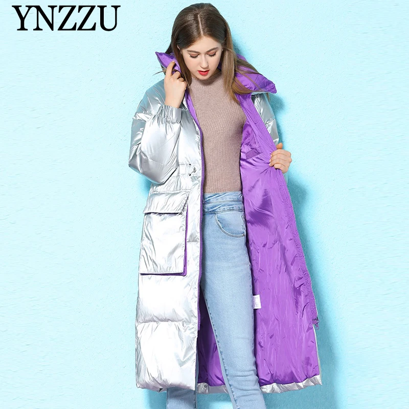 Winter Women Silver Duck Down jacket Loose High collar Female Long Outwear Long sleeve Thick warm Coat Casual YNZZU 9O096