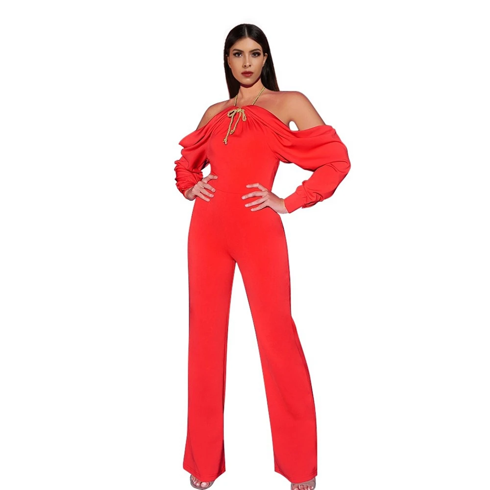 Красный Холтер с длинным рукавом Макси спинки Bodycon Комбинезоны HI1081-Red
