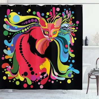 

Psychedelic Shower Curtain Futuristic Kitty Visual Print Fluid Swirling Color Burst Motifs Kitty Graphic Bathroom Decor Set