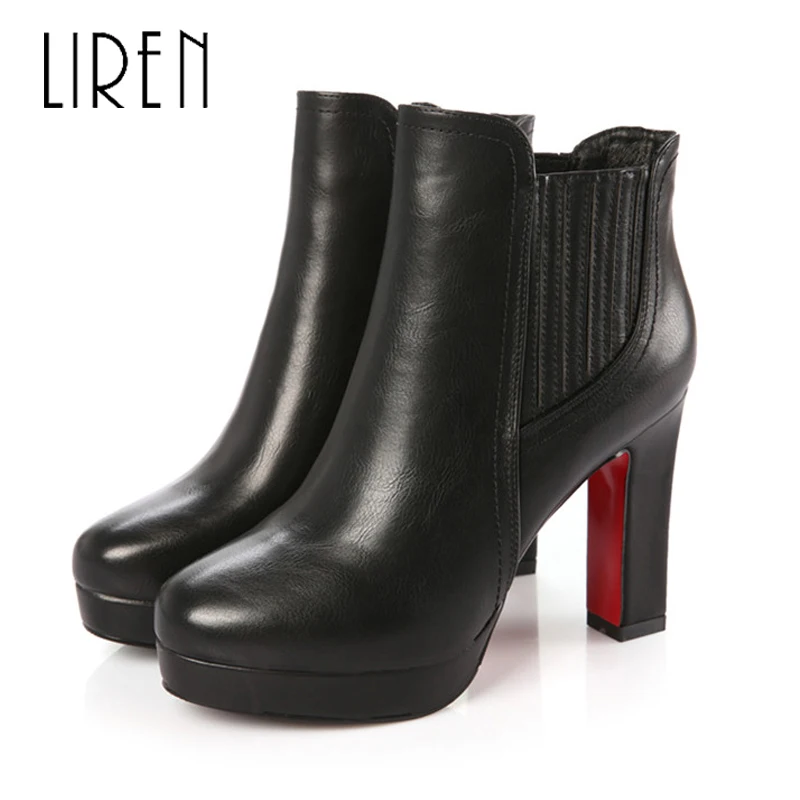 

Liren 2019 Spring/Autumn Women Fashion PU Ankle Slip-on Boots Round Wrapped Toe High Square Heels Lady Sexy Fashion Boots