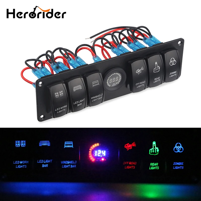 

12V 6 Gang Car Marine Boat Led Rocker Switch Panel Digital Voltmeter Waterproof Circuit Breaker Switch Panel 24v