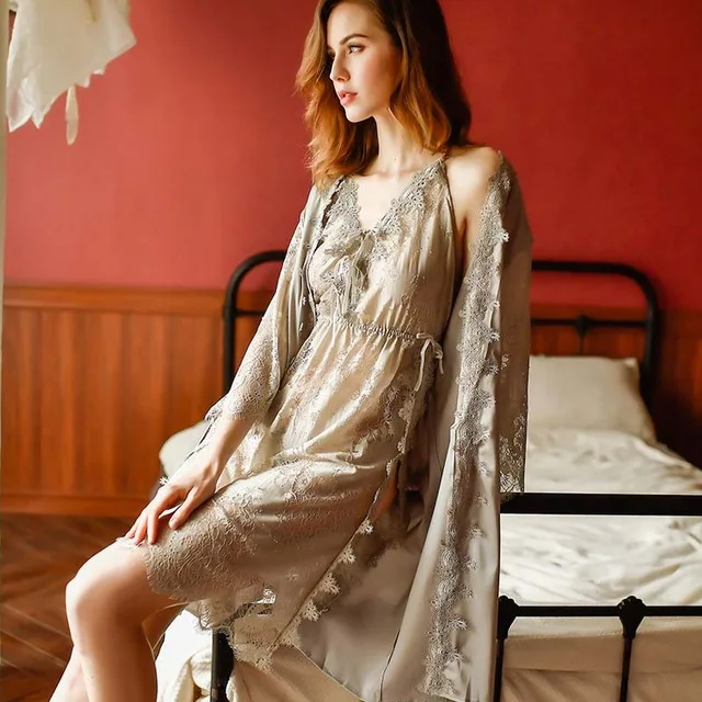 gray dress Yhotmeng сексуальные соблазнительные пижамы женские кружевные тонкие разрезы открытая спина ажурный ремень v-образный вырез сетка прозрачная ночнушка набор - Цвет: gray dress