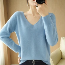 

Pure Color Sweater Autumn Winter Low V-Neck Temperament Woolen Sweater Age Reduction Women's Top Basic Knitted Bottoming Shirt