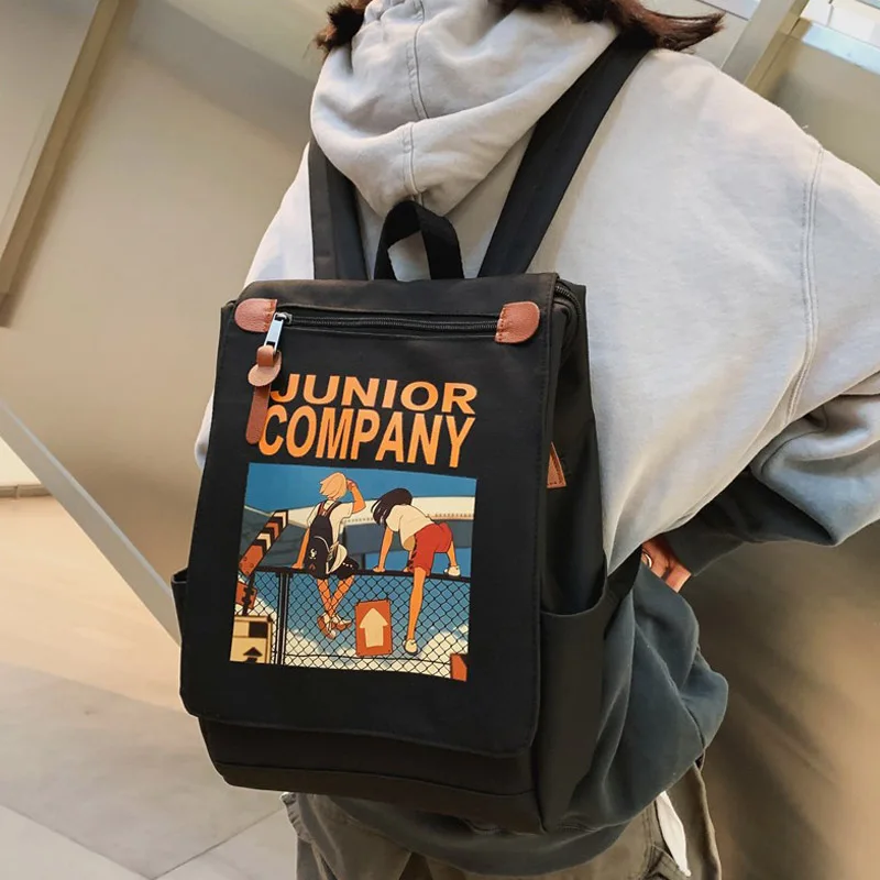 

Flip large capacity backpack ins style schoolbag Cartoon Printed canvas bag Korean version backpacks leisure student bags