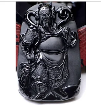 

afa882031+++natural Obsidian stone Hand carved guanyu charm pendant necklace