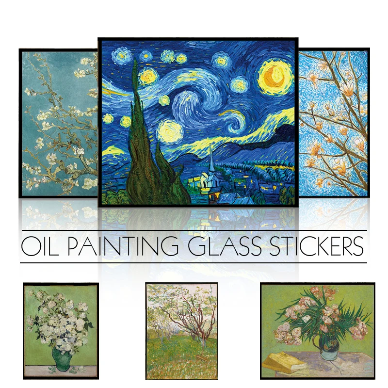 

Art Blossom Starry Sky Oil Painting Frosted Window Film Waterproof Glass Sticker PVC Static Cling Privacy Window Film Bathroom