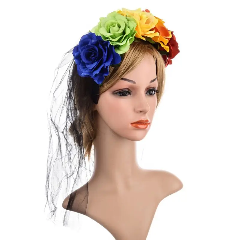 Черная Кружевная повязка на голову с вуалью на Хэллоуин для женщин, контрастный цветной Искусственный цветок розы, обруч для волос, Мексиканский Карнавальный костюм для вечеринки