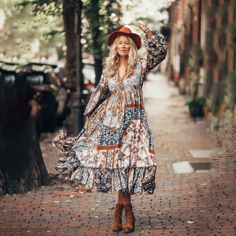 

BOHO Spring Bohemian Long Dress Long Sleeve Vintage Ethnic Maxi Dress Chiffon Runway Dress Floral Printing Irregular Retro Dress