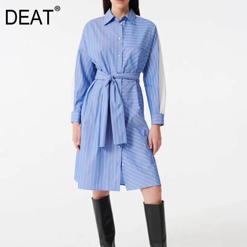

DEAT 2020 New Spring Summer Lapel Hit Color Stripe Bandage Shirt Dress Women Casual Temperament Mid-length Clothing Tide PD893